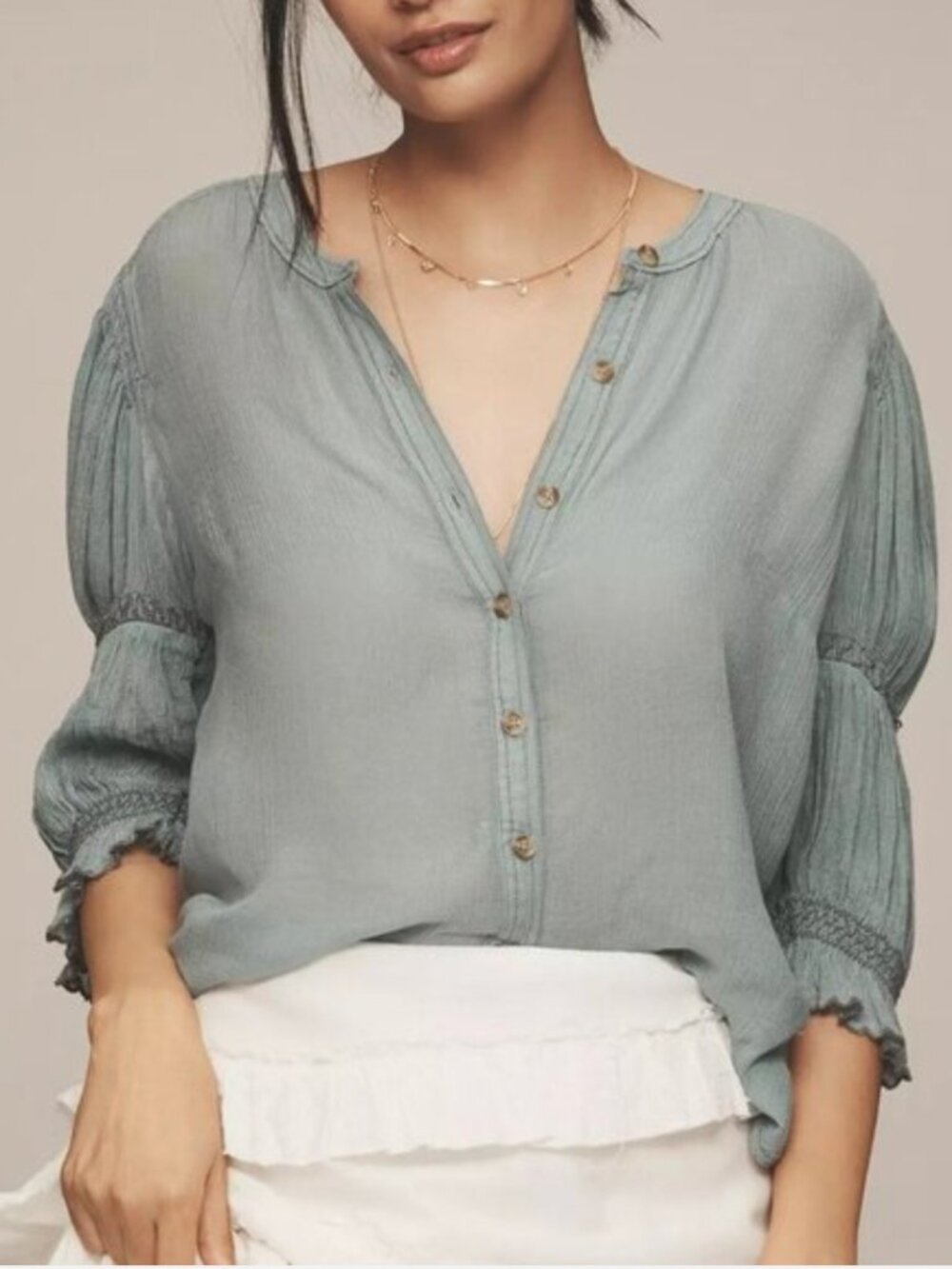 Anthropologie Pilcro Gauzy Bubble Sleeve Buttondown Romantic Flowy Boho Top - S